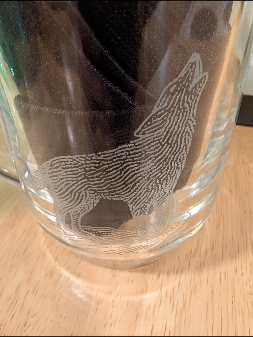 Clear Glass Coffee Mug with Etched Wolf Design